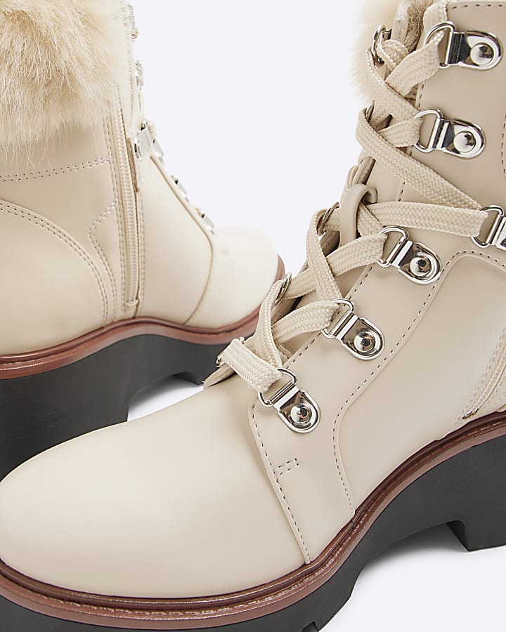 Cream Faux Fur Trim Wedged Hiking Boots