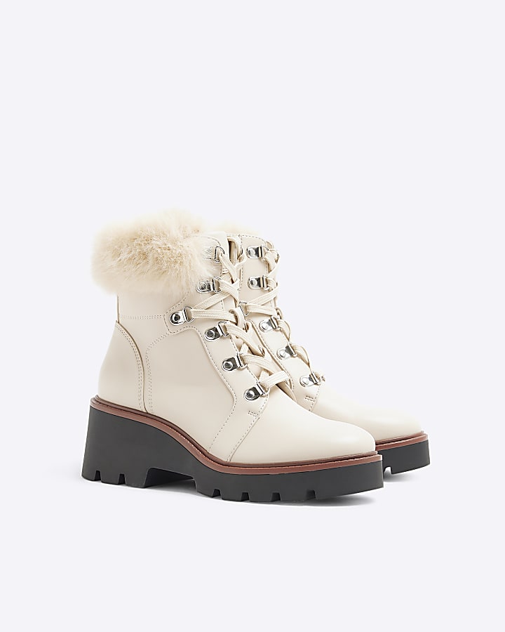 Cream Faux Fur Trim Wedged Hiking Boots