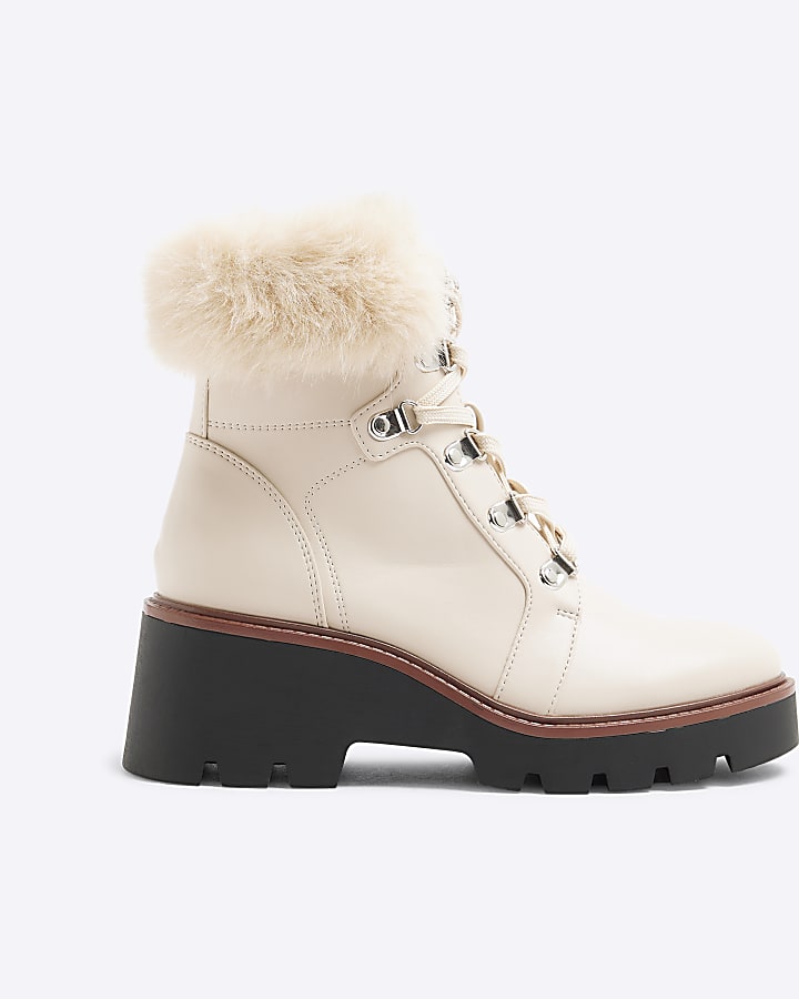 Cream Faux Fur Trim Wedged Hiking Boots