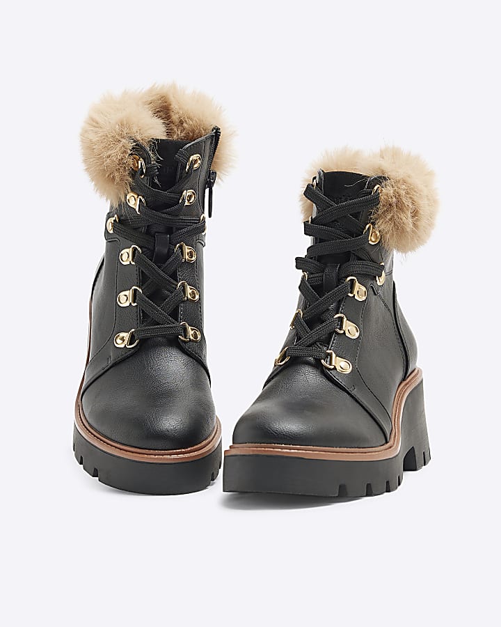 Black Faux Fur Trim Wedged Hiking Boots