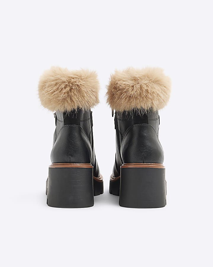 Black Faux Fur Trim Wedged Hiking Boots