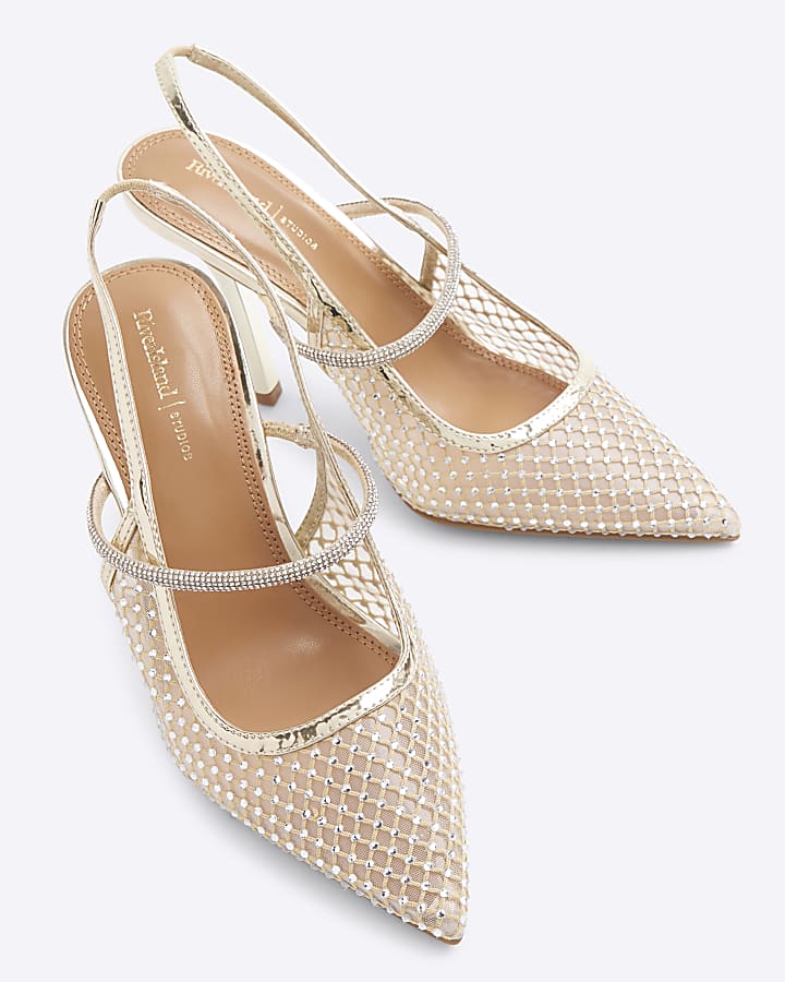 Gold Diamante Sling Back Heeled Court Shoes