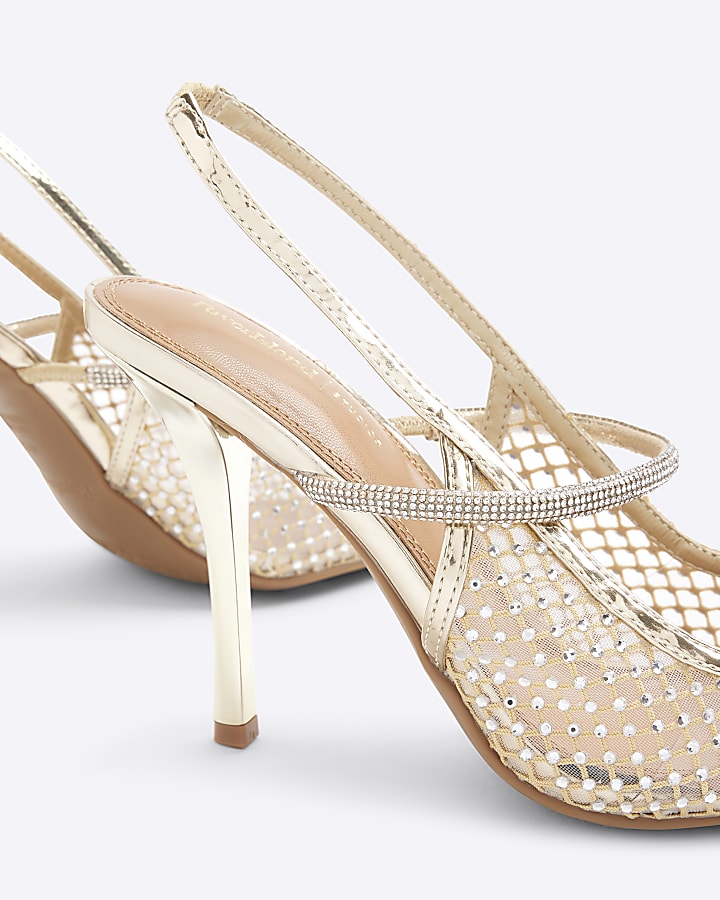 Gold Diamante Sling Back Heeled Court Shoes