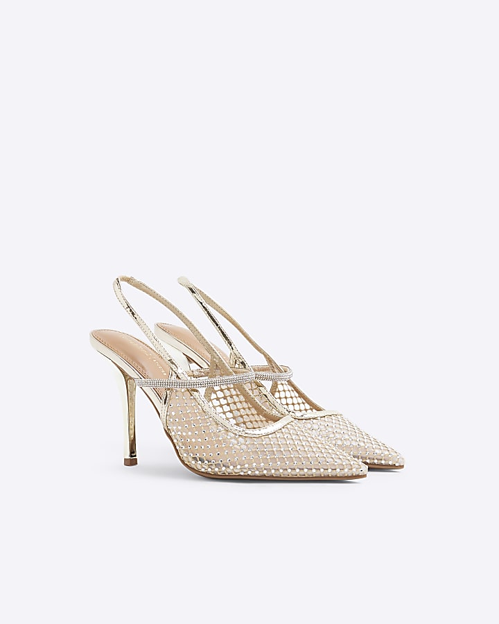 Gold Diamante Sling Back Heeled Court Shoes