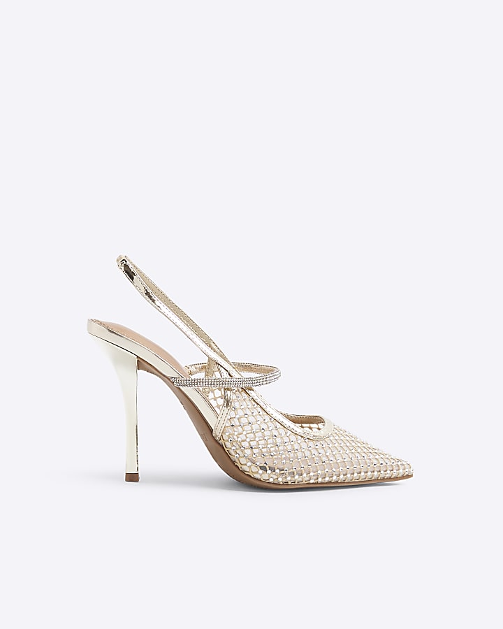 Gold Diamante Sling Back Heeled Court Shoes