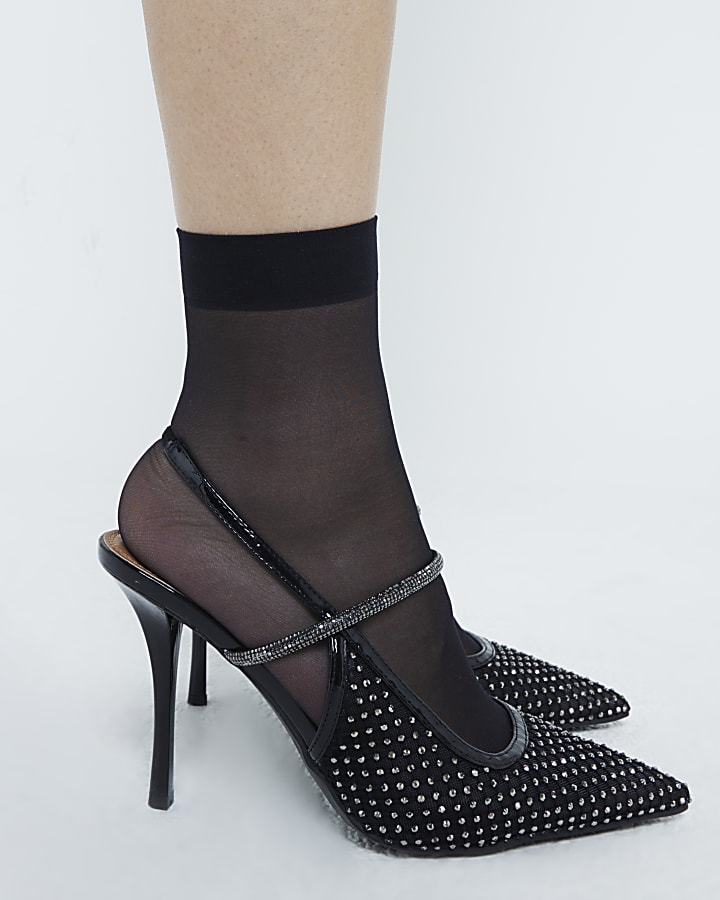 Black Diamante Sling Back Heeled Court Shoes