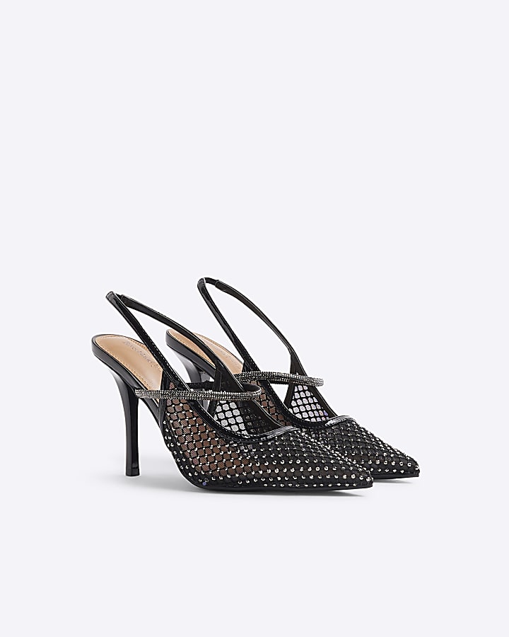 Black Diamante Sling Back Heeled Court Shoes