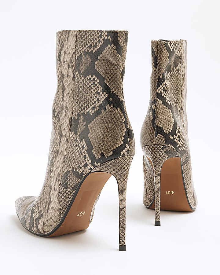 Grey Faux Leather Snake Heeled Boots