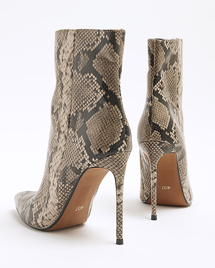 Grey Faux Leather Snake Heeled Boots