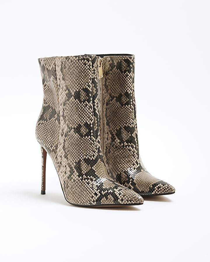 Grey Faux Leather Snake Heeled Boots