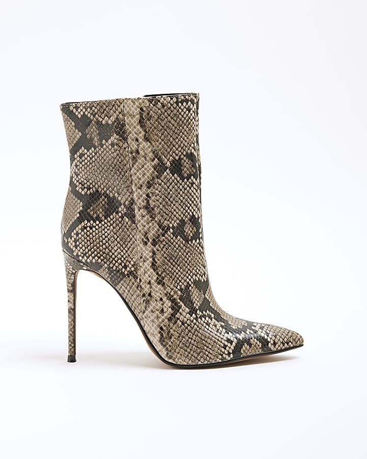 Grey Faux Leather Snake Heeled Boots