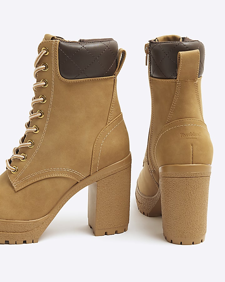 Tan Brown Lace Up Heeled Hiker Boots