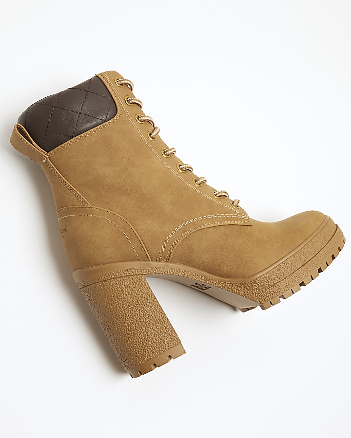 Tan Brown Lace Up Heeled Hiker Boots