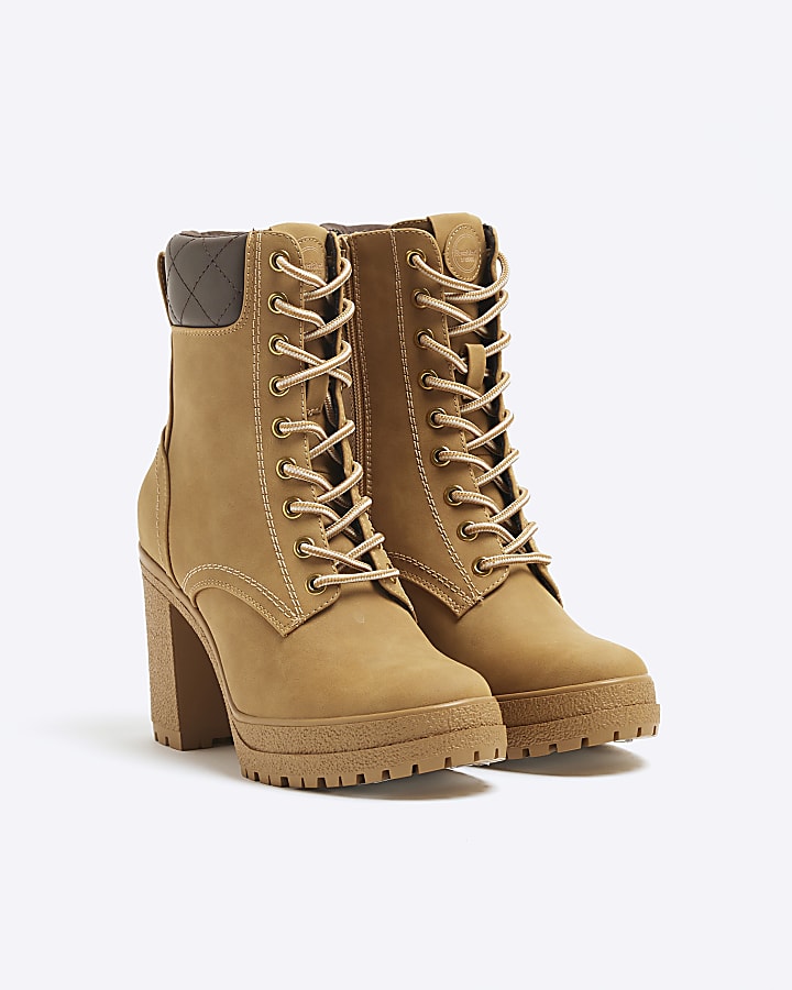 Tan Brown Lace Up Heeled Hiker Boots