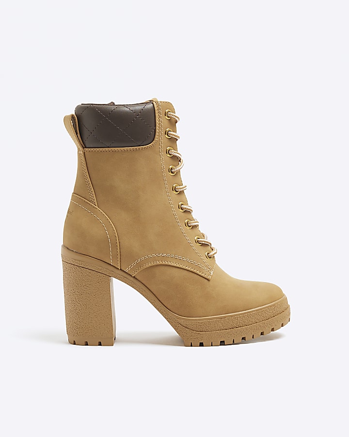 Tan Brown Lace Up Heeled Hiker Boots