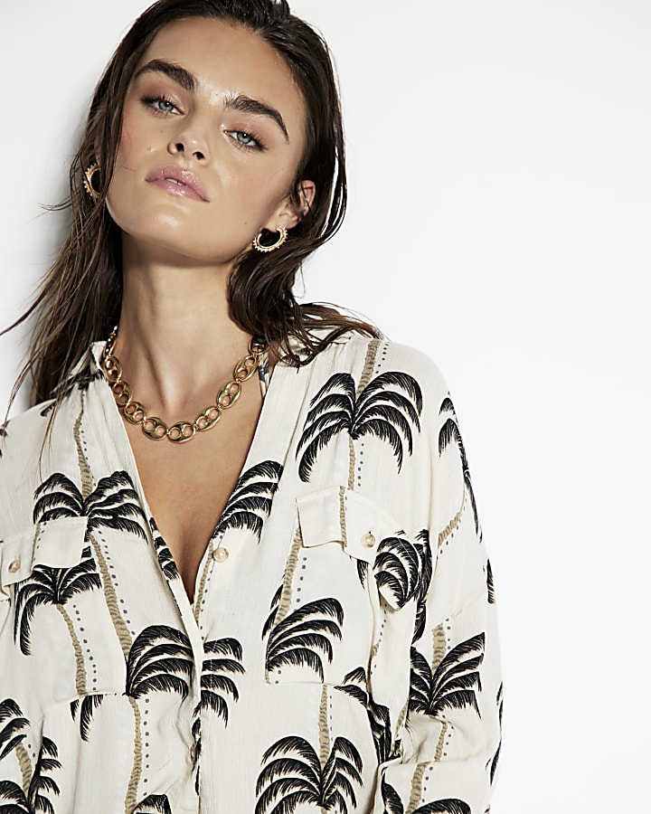 Cream Palm Print Beach Shirt