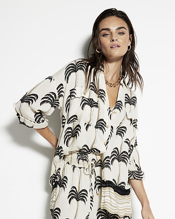 Cream Palm Print Beach Shirt