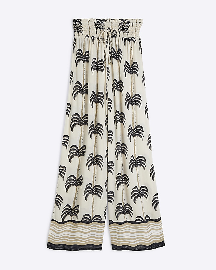 Cream Palm Print Wide Leg Beach Trousers