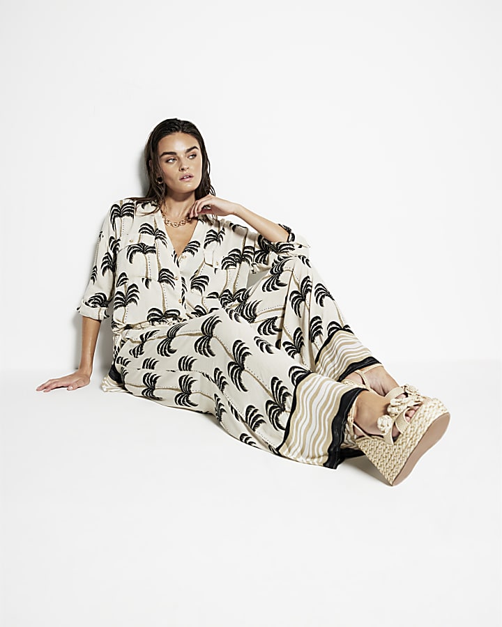 Cream Palm Print Wide Leg Beach Trousers