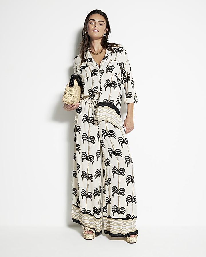 Cream Palm Print Wide Leg Beach Trousers