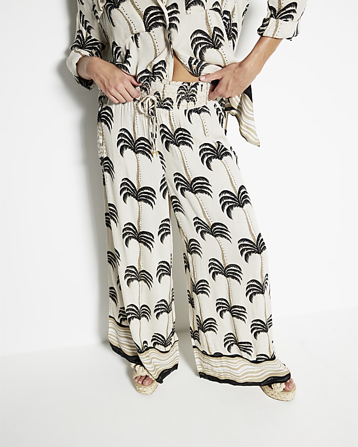 Cream Palm Print Wide Leg Beach Trousers