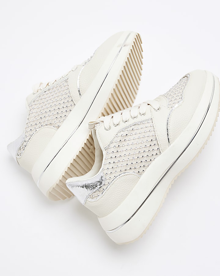 White and Silver Diamante Trainers