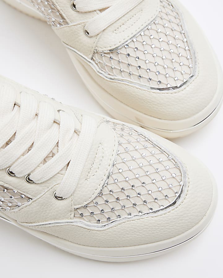 White and Silver Diamante Trainers