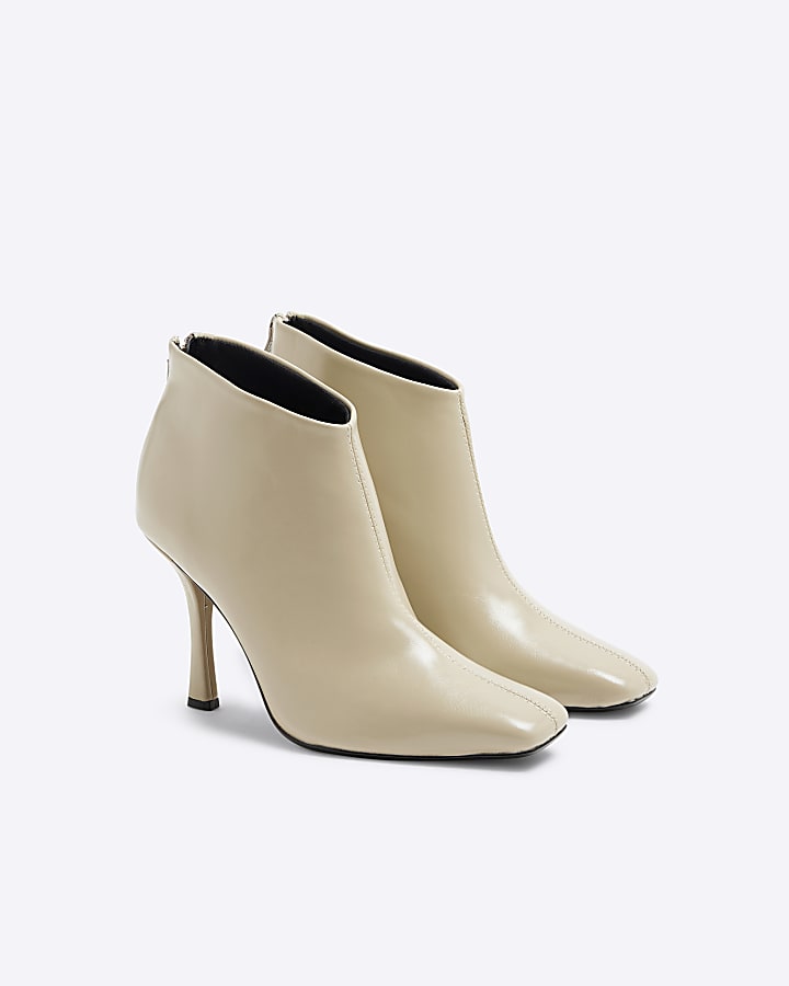 Cream Square Toe Heeled Ankle Boots