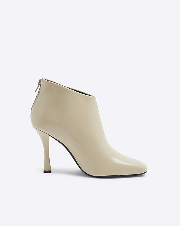 Cream Square Toe Heeled Ankle Boots