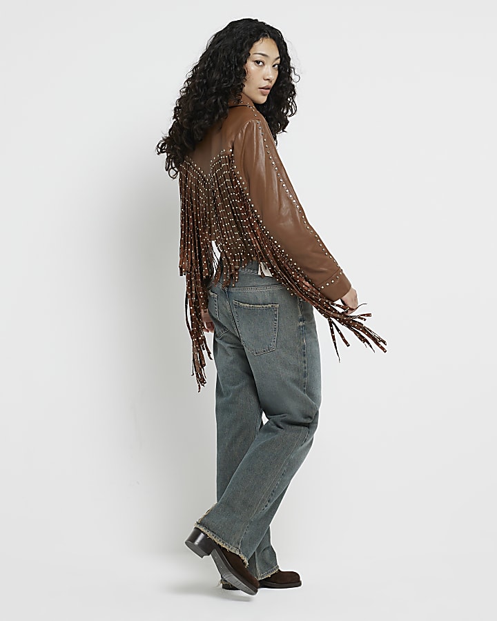 Brown Studded Fringed Leather Jacket