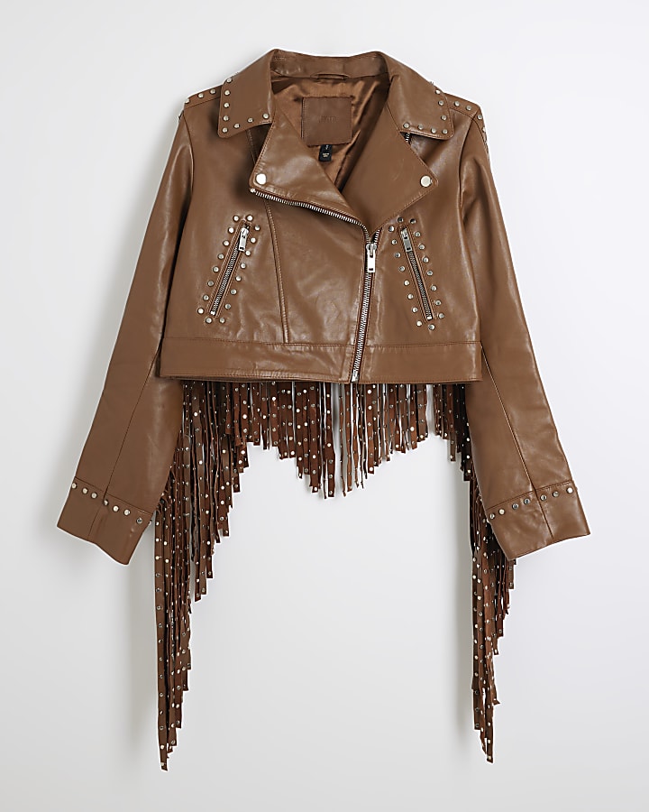 Brown Studded Fringed Leather Jacket