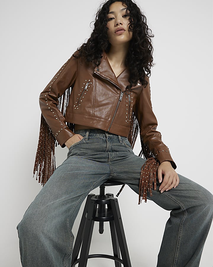 Brown Studded Fringed Leather Jacket
