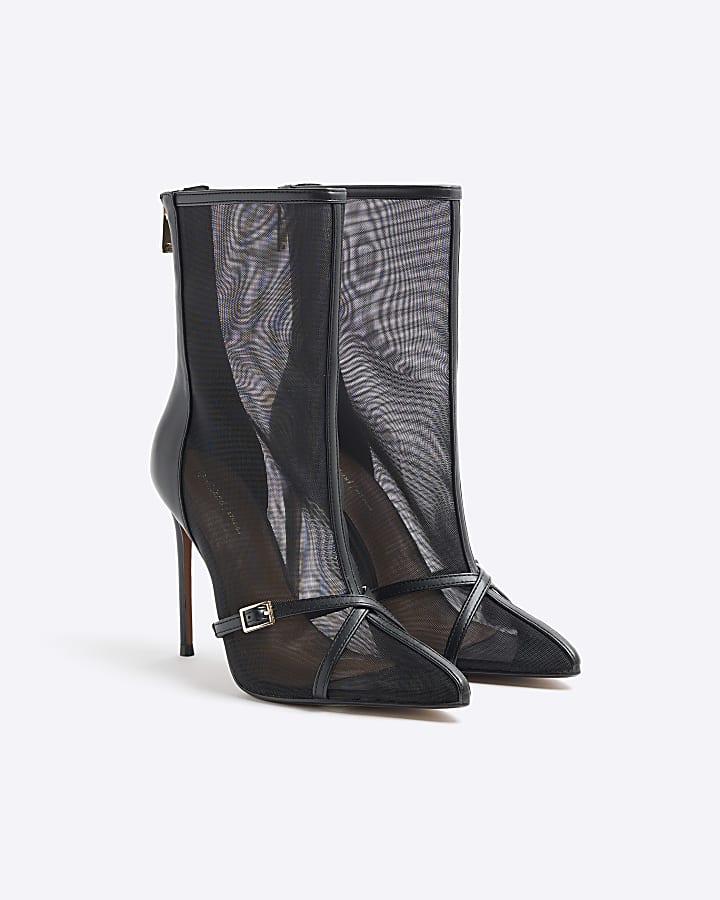 Black Mesh Heeled Ankle Boots