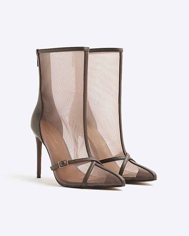 Brown Mesh Heeled Ankle Boots