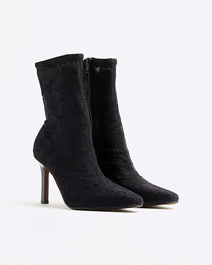 Black Lace Heeled Ankle Boots