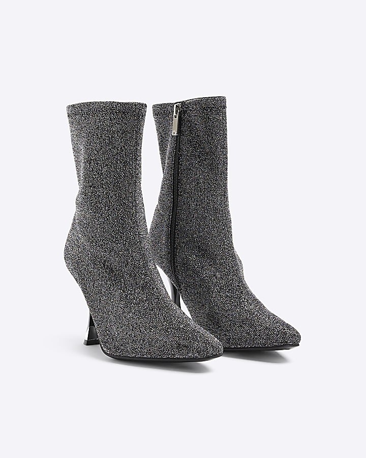 Silver Heeled Sock Ankle Boots