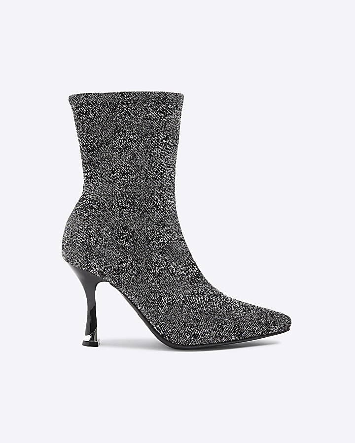 Silver Heeled Sock Ankle Boots