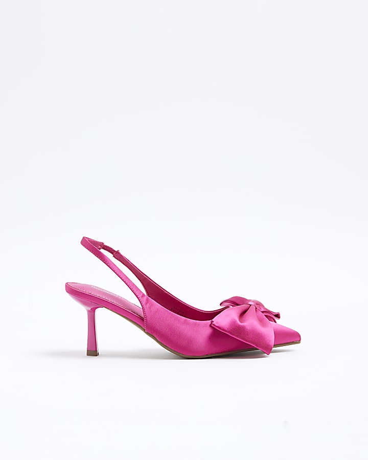 Pink Satin Sling Back Bow Court Shoes