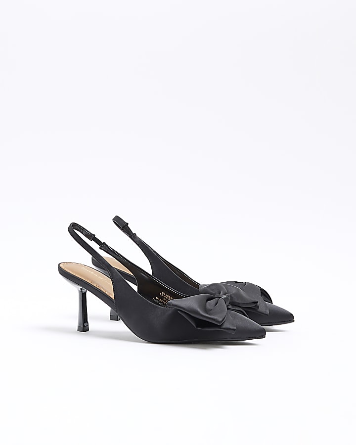 Black Satin Sling Back Bow Court Shoes