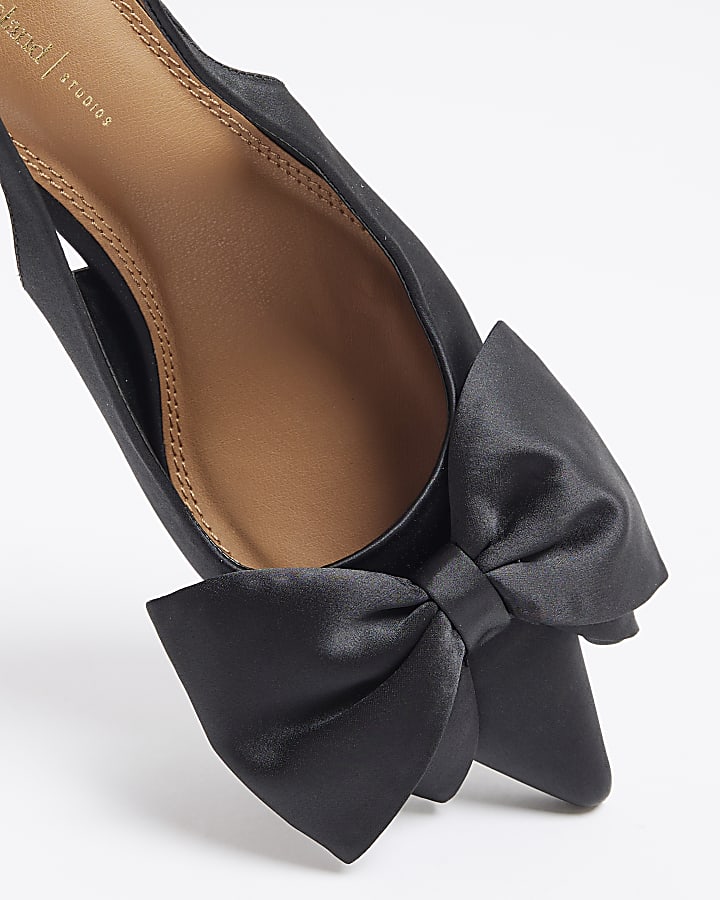 Black Satin Sling Back Bow Court Shoes