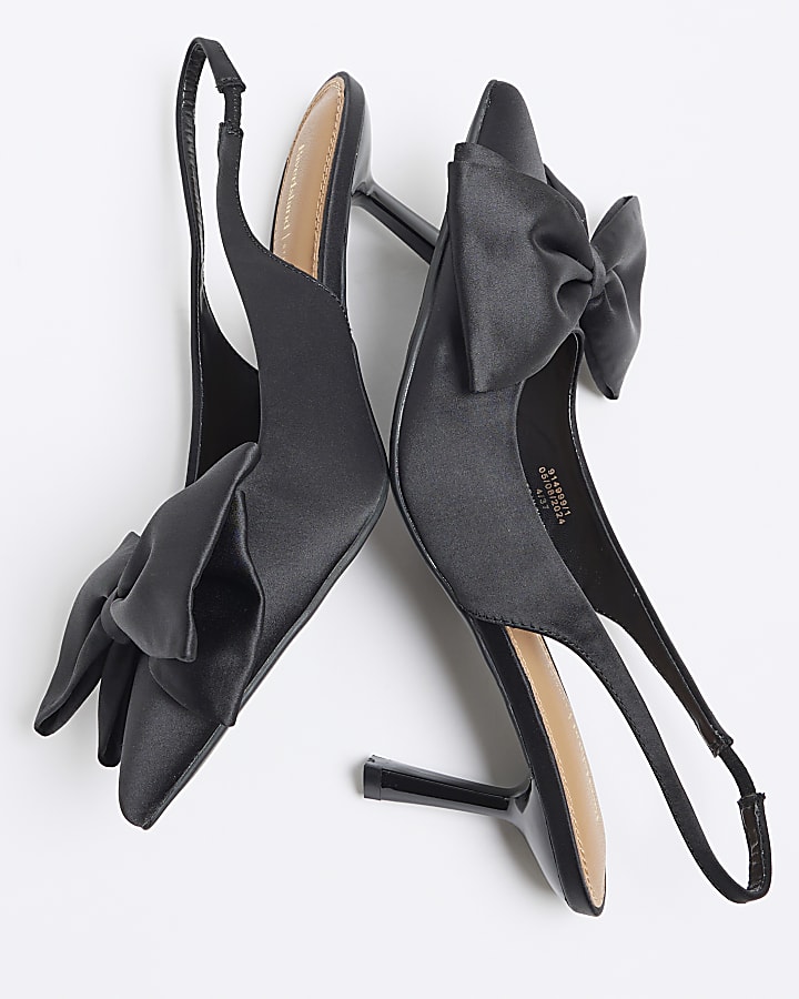 Black Satin Sling Back Bow Court Shoes