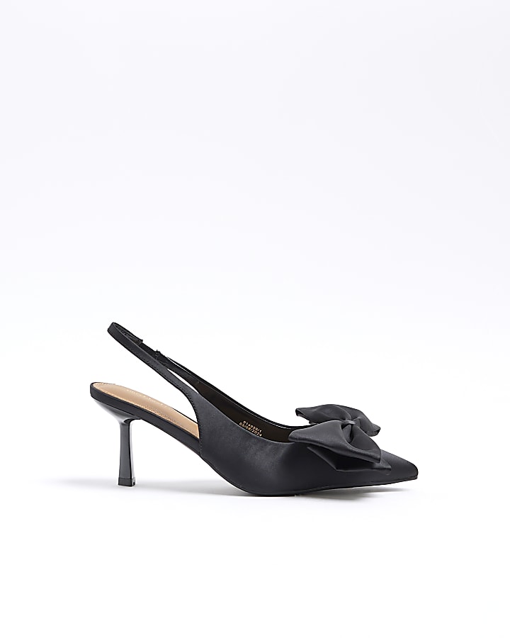 Black Satin Sling Back Bow Court Shoes