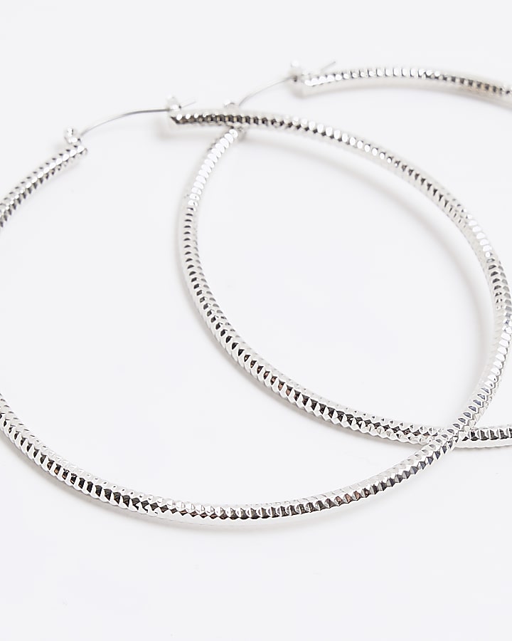 Silver textured large hoop earrings