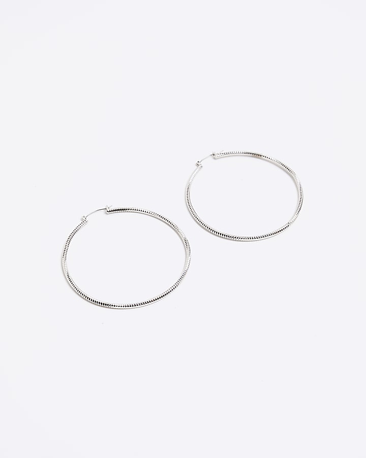 Silver textured large hoop earrings