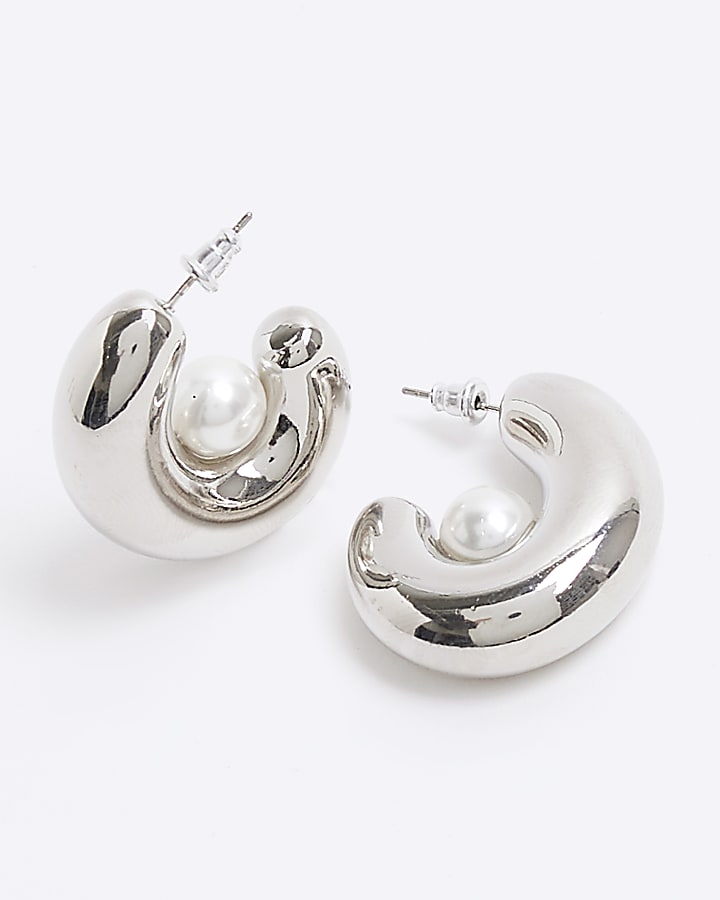 Silver Pearl Chunky Hoops Earrings