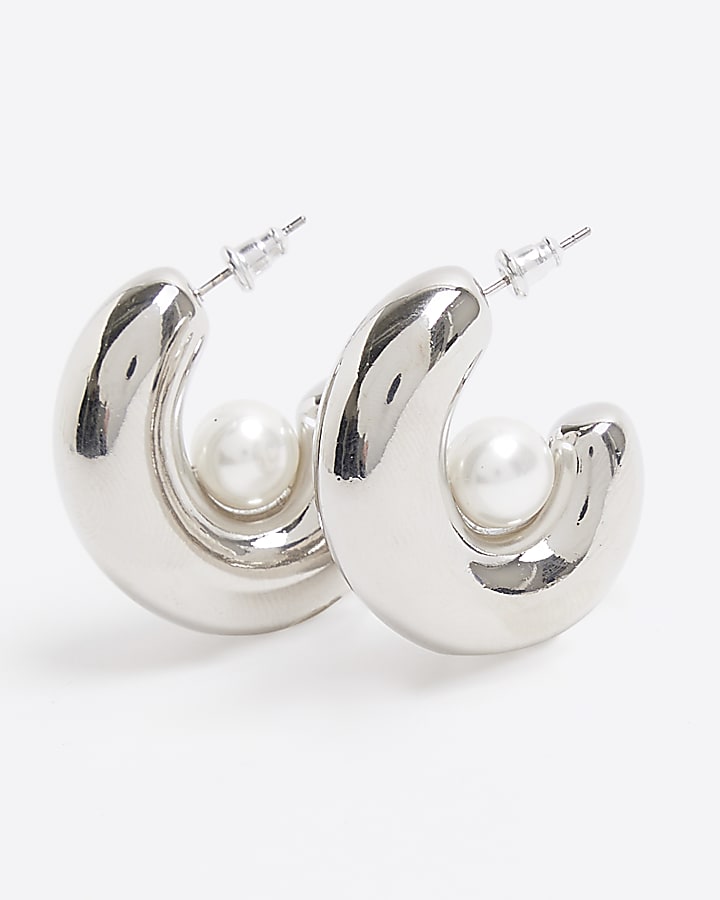 Silver Pearl Chunky Hoops Earrings