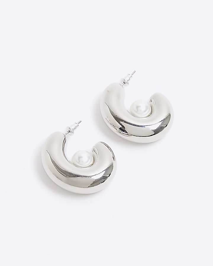Silver Pearl Chunky Hoops Earrings