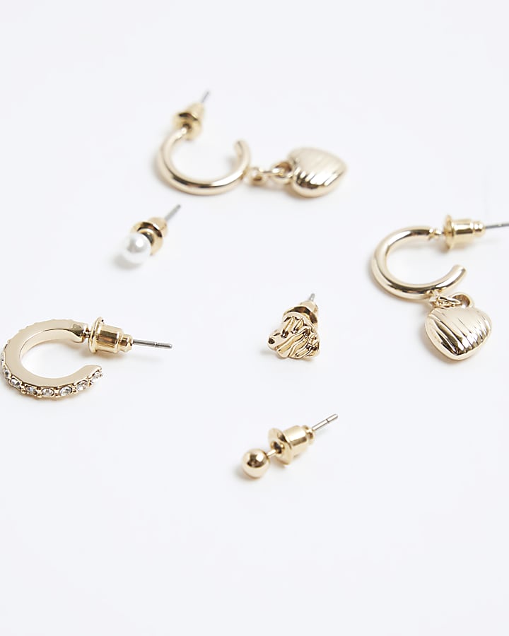 Gold heart hoop and stud earrings multipack