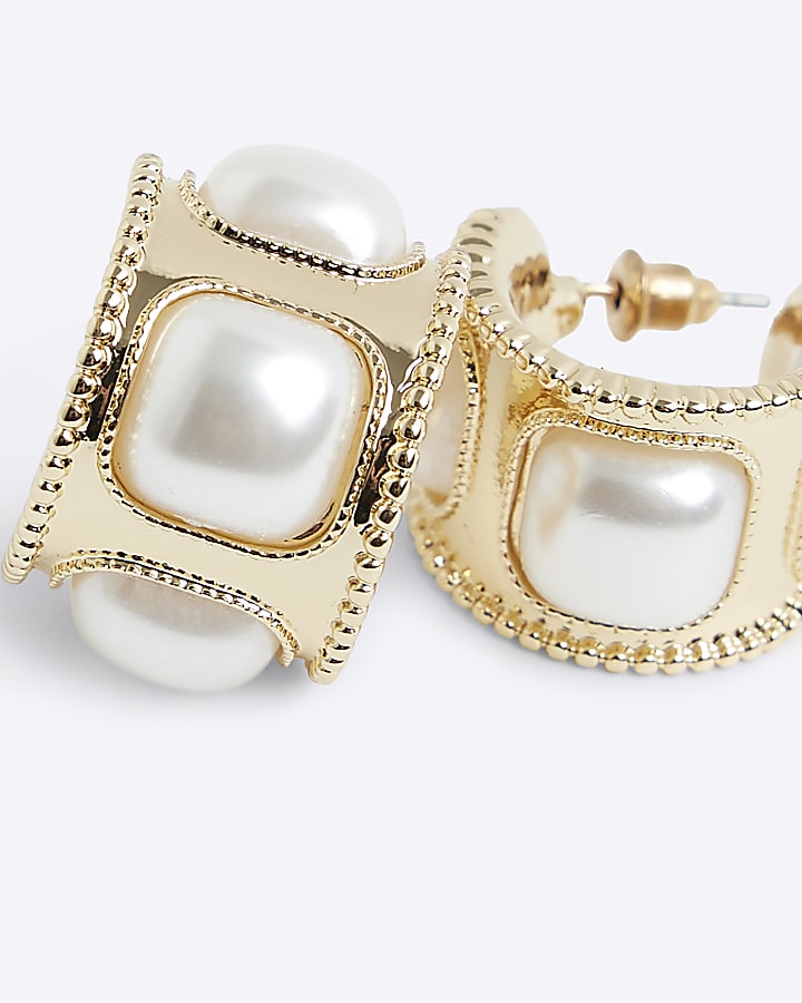 Gold pearl detail mini hoop earrings