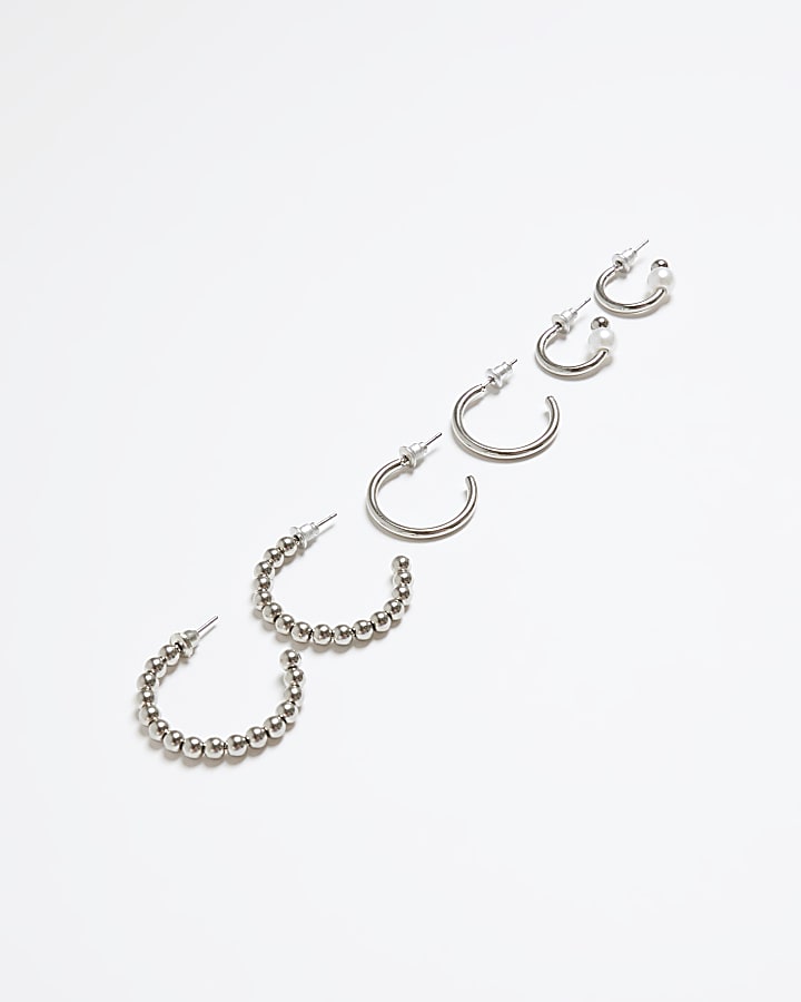 Silver beaded hoop earrings multipack